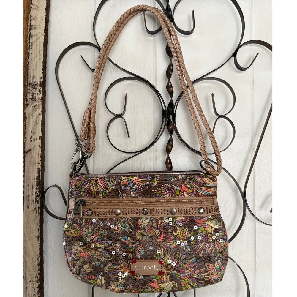 Sakroots Campus Mini Artist Circle Peace Bird Print Crossbody Sequins Jute Brown